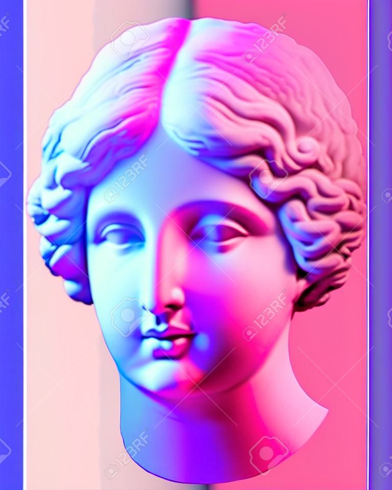 Modern conceptual art poster with blue pink colorful antique Venus bust. Contemporary art collage.