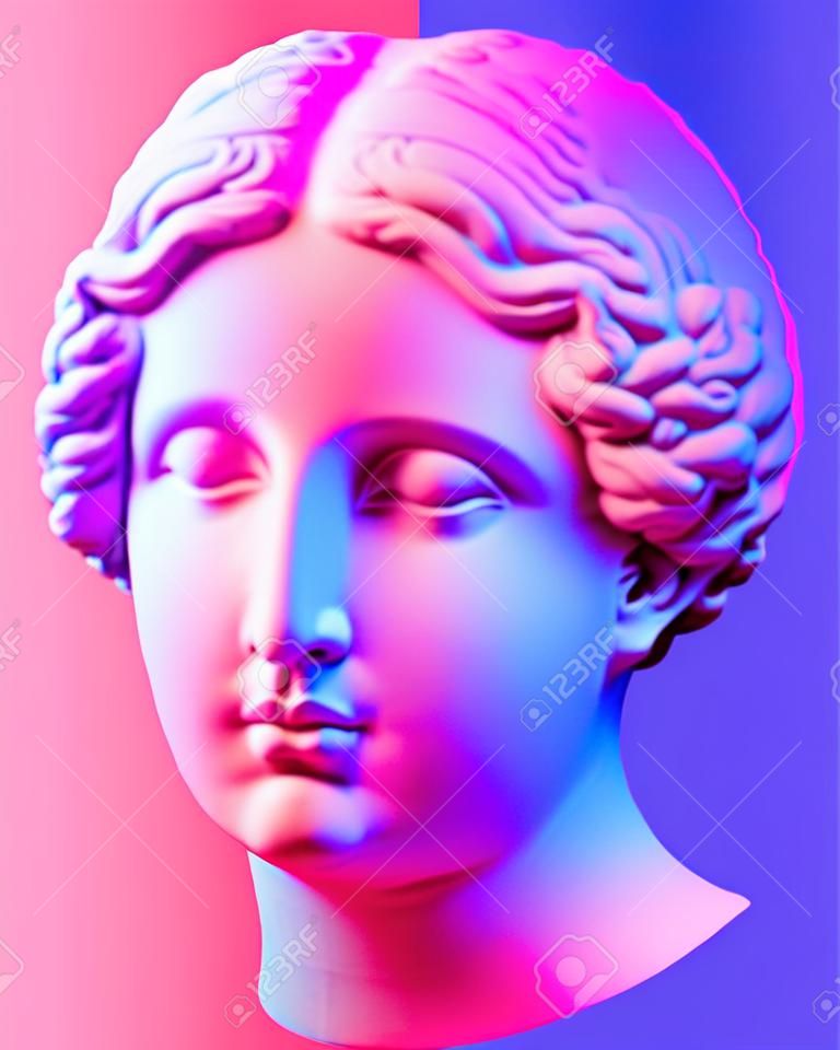 Modern conceptual art poster with blue pink colorful antique Venus bust. Contemporary art collage.