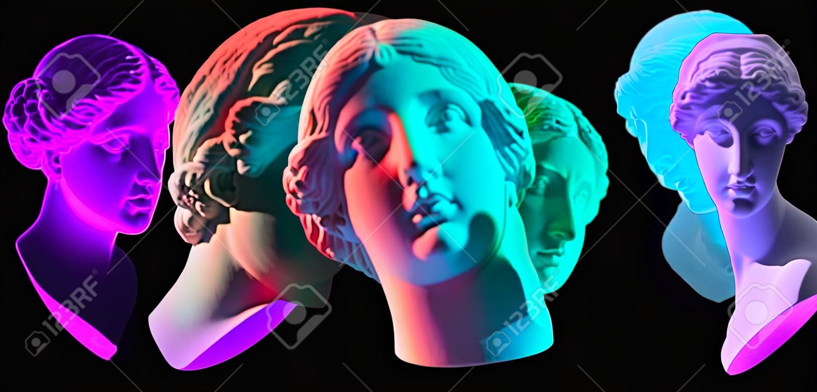 Posąg Wenus z Milo. Kreatywna koncepcja kolorowy neon obraz z starożytną grecką rzeźbą Wenus lub głowy Afrodyty. Webpunk, vaporwave i surrealistyczny styl artystyczny. Pojedynczo na czarno.