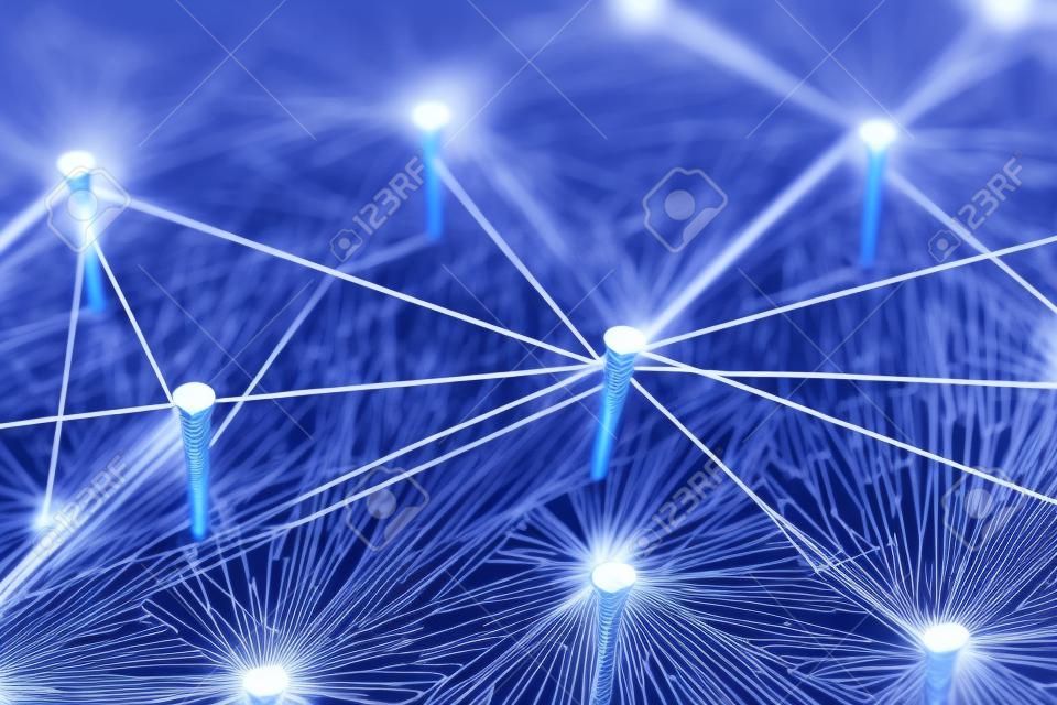 배경. 네트워크, 소셜 미디어, 인터넷, 팀웍, 통신의 추상 개념 아이디어. Thumbtacks 빨간색 스레드에 의해 함께 연결합니다. 외딴. 연결된 엔티티.