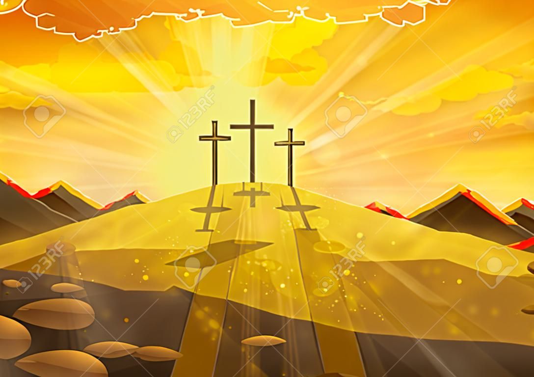 Drie kruisiging kruis staan op de top van de heuvels.