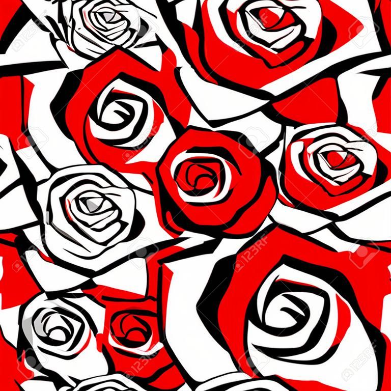 バラでシームレスなパターンの輪郭を赤黒と白のベクトル図