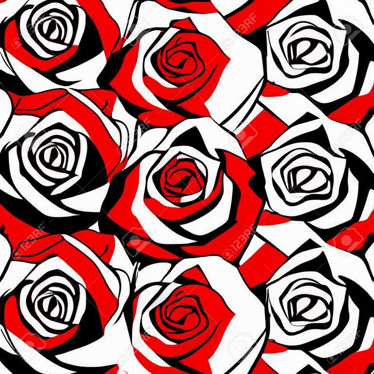 Padrão sem emenda com contornos de rosas vermelho preto e branco Ilustração vetorial