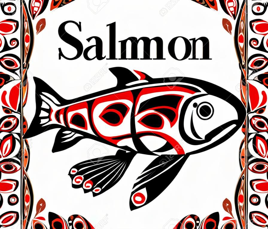 ネイティブの装飾と白い背景の赤でネイティブ サーモン ベクトル魚