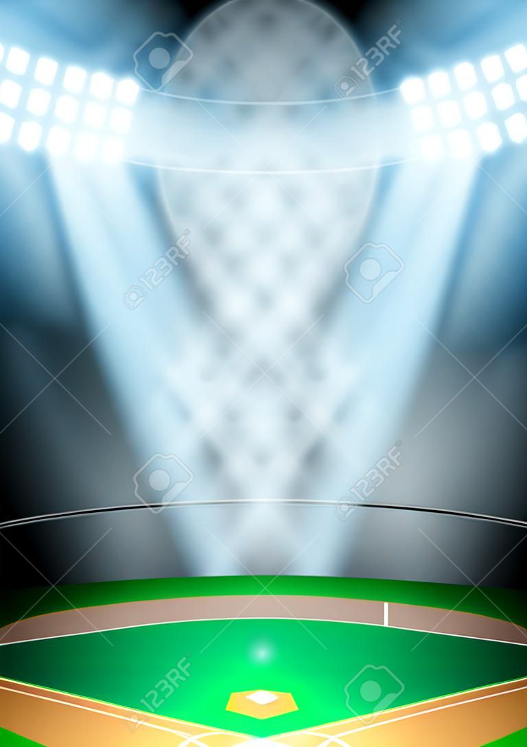 スポット ライトでポスター夜野球スタジアムの垂直背景。編集可能なベクトル イラスト。