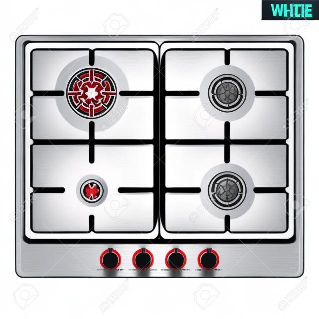 Surface of white gas hob. Top view of stove. Domestic equipment. Editable Vector illustration Isolated on white background.
