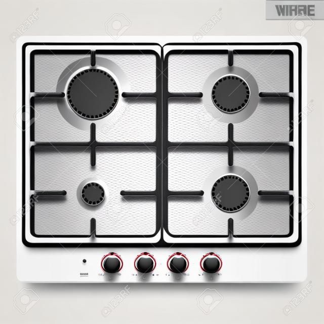 Surface of white gas hob. Top view of stove. Domestic equipment. Editable Vector illustration Isolated on white background.