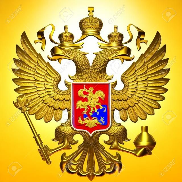 Coat of arms of Russia with two-headed eagle. Golden symbol of Russian Federation. 3D render Illustration isolated on a white background.