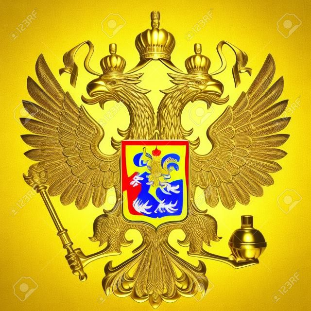 Escudo de armas de Rusia con águila bicéfala. Símbolo de oro de la Federación de Rusia. 3D render Ilustración aislada en un fondo blanco.