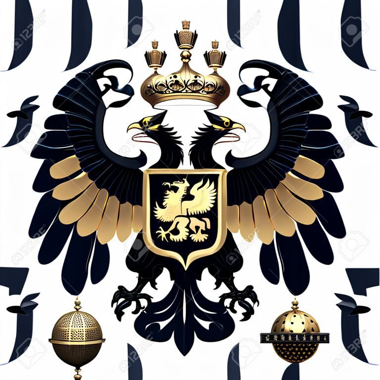 Wappen Russlands mit zweiköpfigem Adler. Schwarz und Gold Symbol der Russischen Föderation. 3D render Illustration isoliert auf weißem Hintergrund.