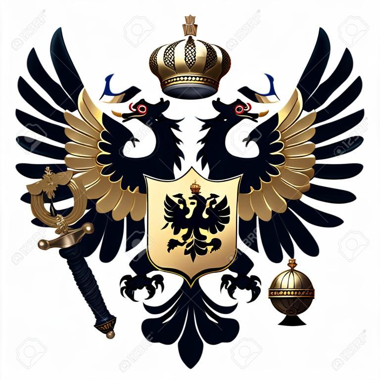 Coat of arms of Russia with two-headed eagle. Black and gold symbol of Russian Federation. 3D render Illustration isolated on a white background.