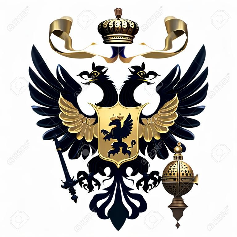 Wappen Russlands mit zweiköpfigem Adler. Schwarz und Gold Symbol der Russischen Föderation. 3D render Illustration isoliert auf weißem Hintergrund.