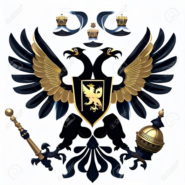 Coat of arms of Russia with two-headed eagle. Black and gold symbol of Russian Federation. 3D render Illustration isolated on a white background.