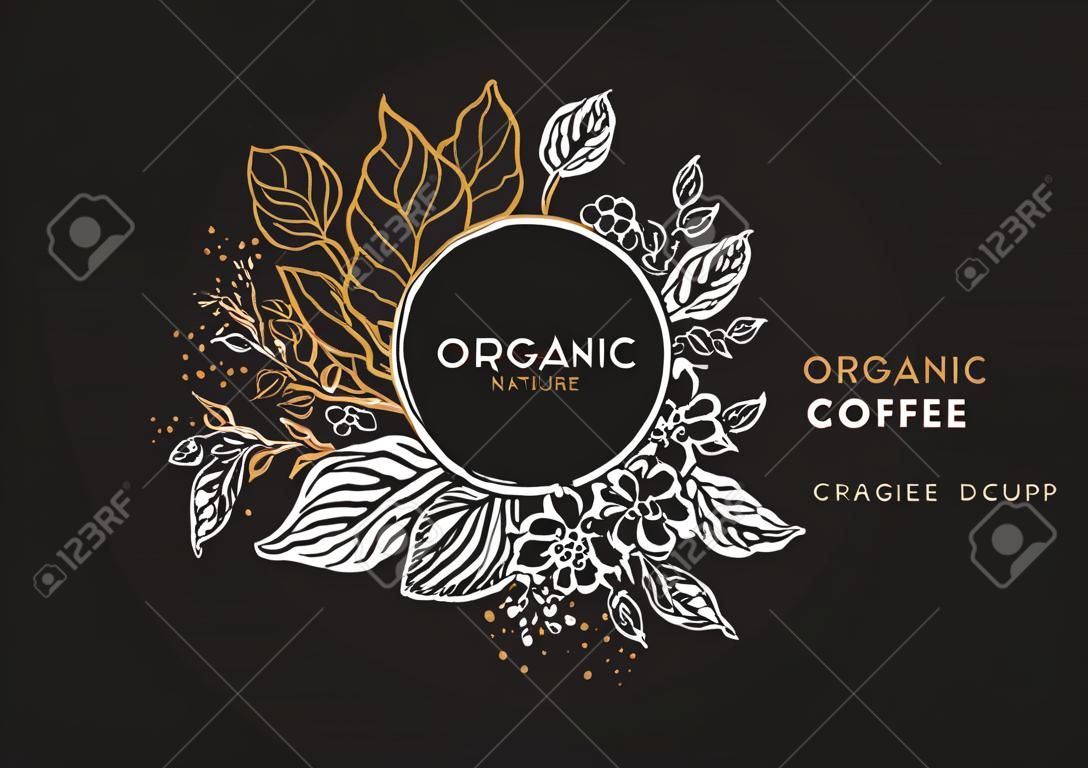Vector nature floral template, elegant banner. Golden coffee branch, leaves flower, natural bean on black background. Organic herb plant Art deco design Luxury night garden, round cup with aroma drink