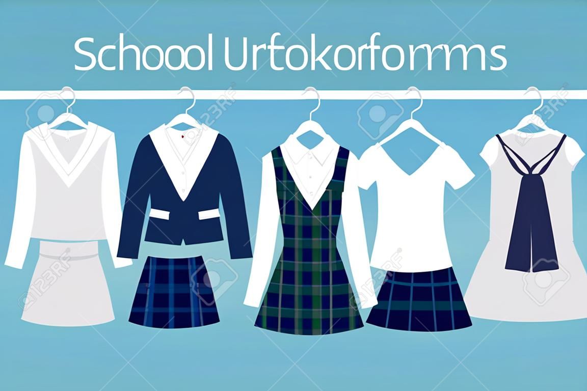 Schule oder College Uniformen auf Hangers in Line. Kinderbekleidung Vector Set