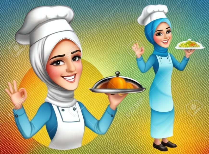 ヒジャーブと漫画イスラム教徒の女性シェフ