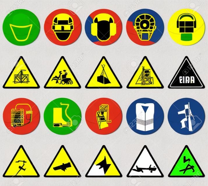 Relacionados con la construcción obligatorio & iconos de riesgos y signos