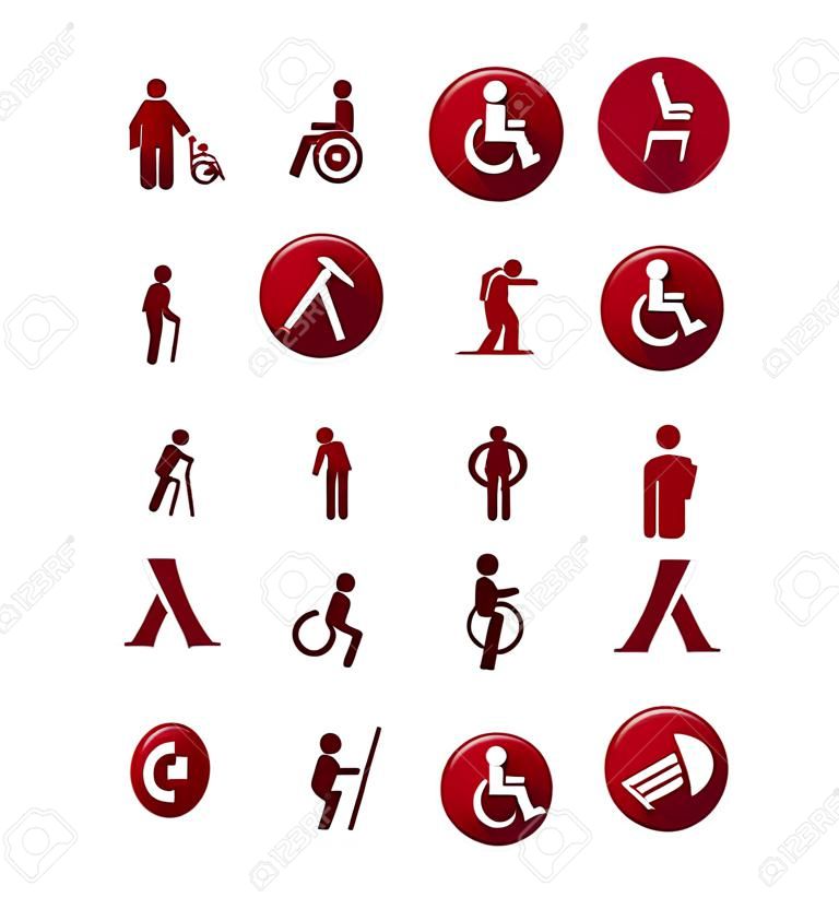 Red Disability related icon set isolated on white background