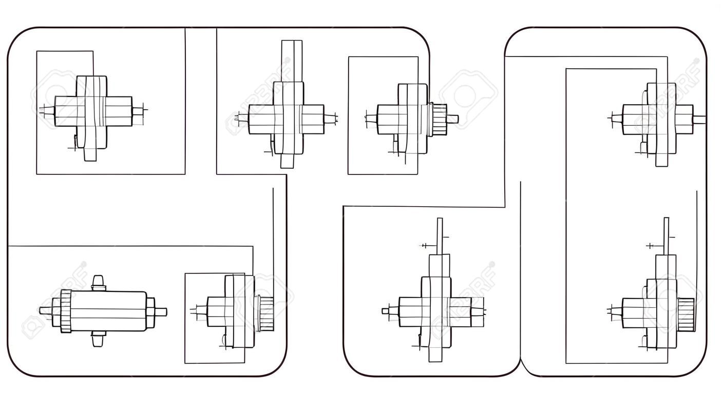 Example of first and third angle orthographic projection drawing isolated on white background