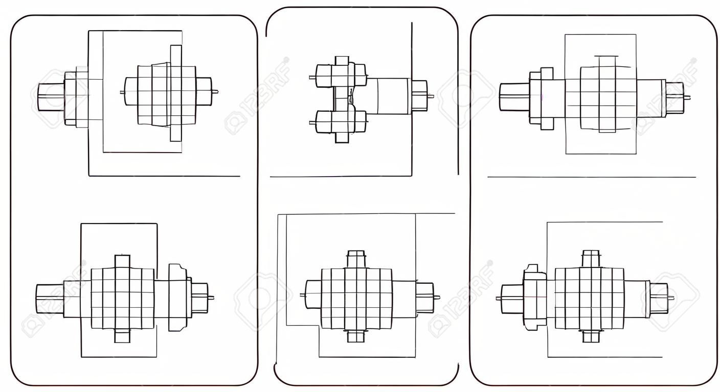 Example of first and third angle orthographic projection drawing isolated on white background