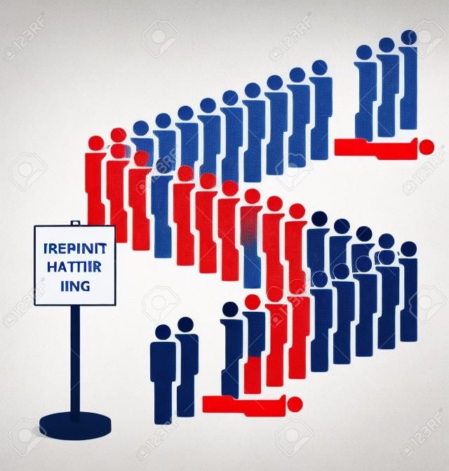 Representation of people dying whilst on the hospital treatment waiting list due to healthcare budget cuts and lack of investment isolated on white background