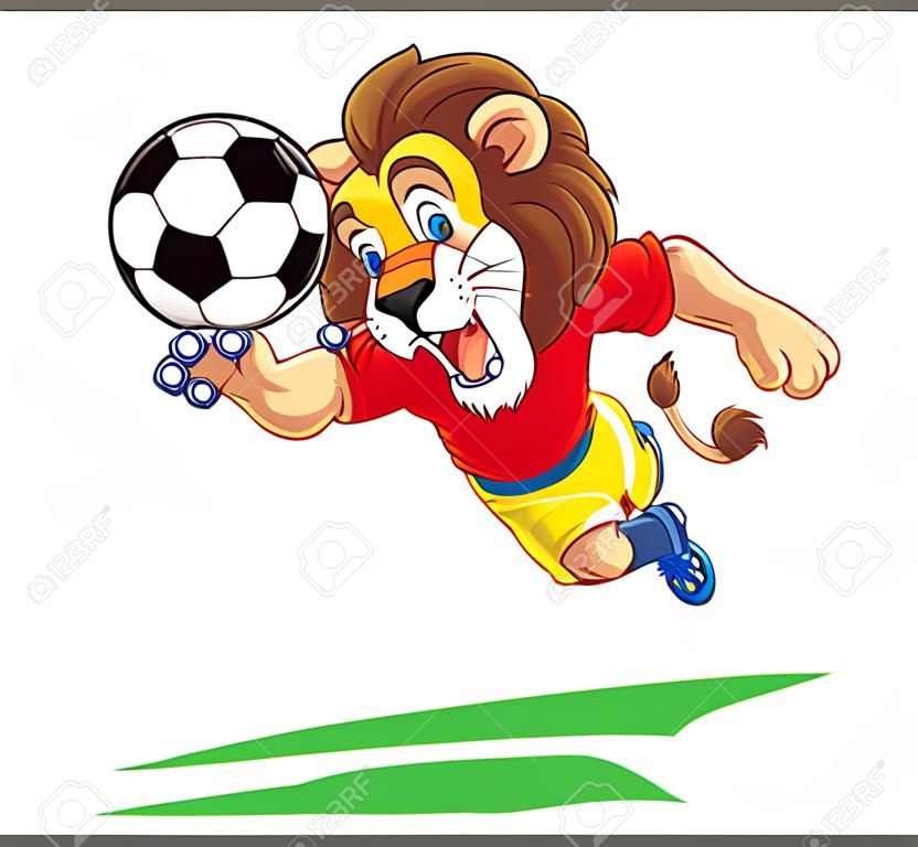 desenho animado de leão jogando futebol