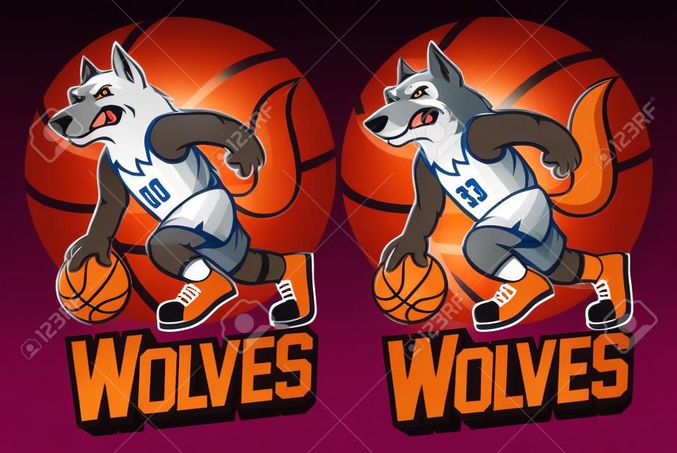 zestaw postaci wilka grającego w koszykówkę