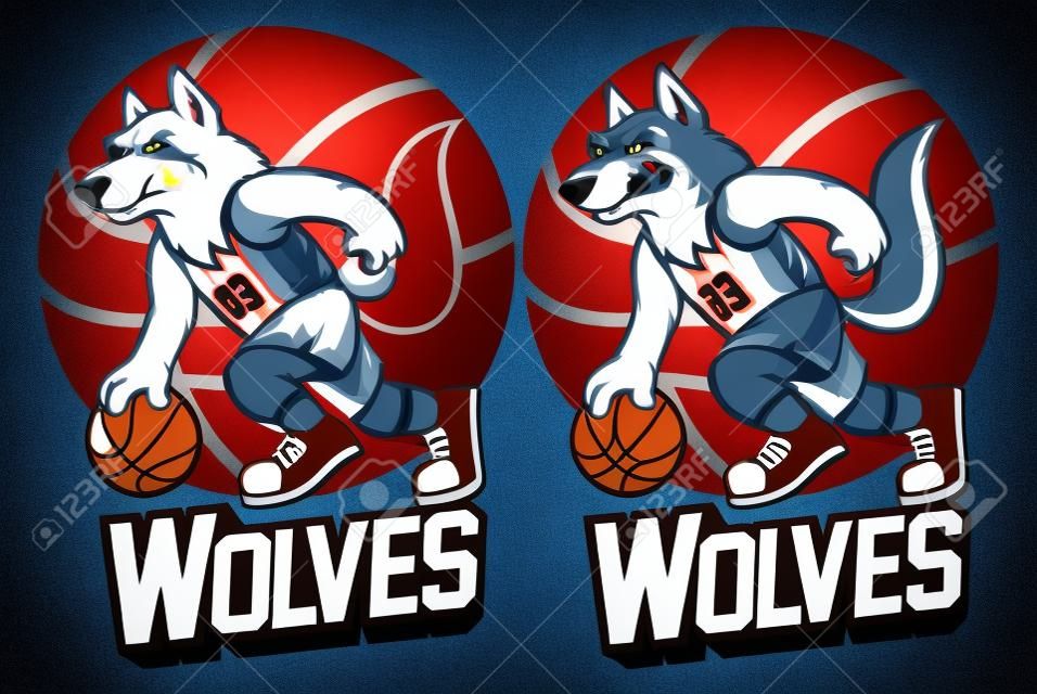 set of wolf character playing basketball