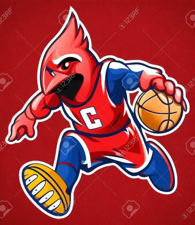 mascota de baloncesto del pájaro cardenal botando el balón
