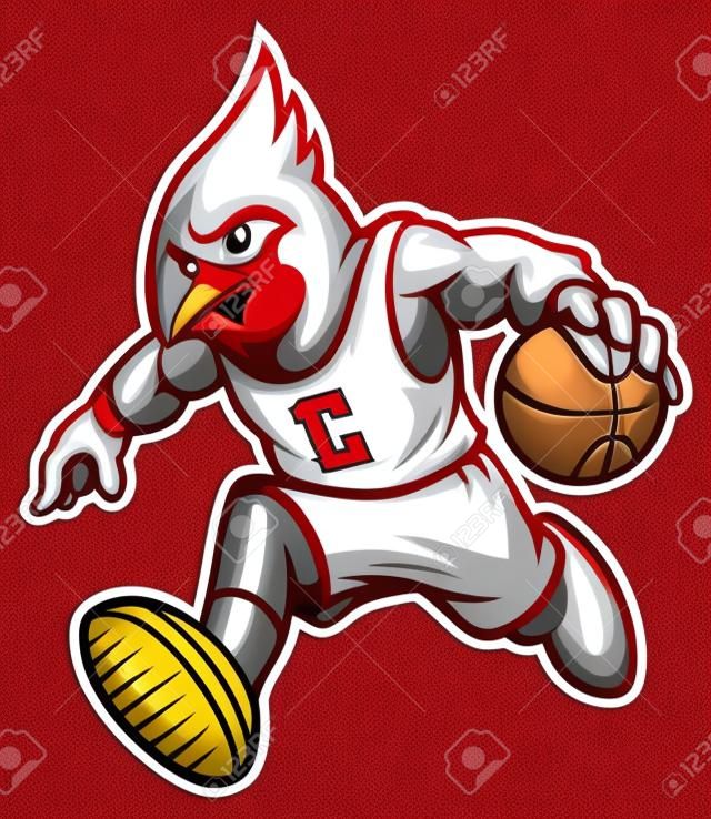 mascotte del basket dell'uccello cardinale che dribbla la palla