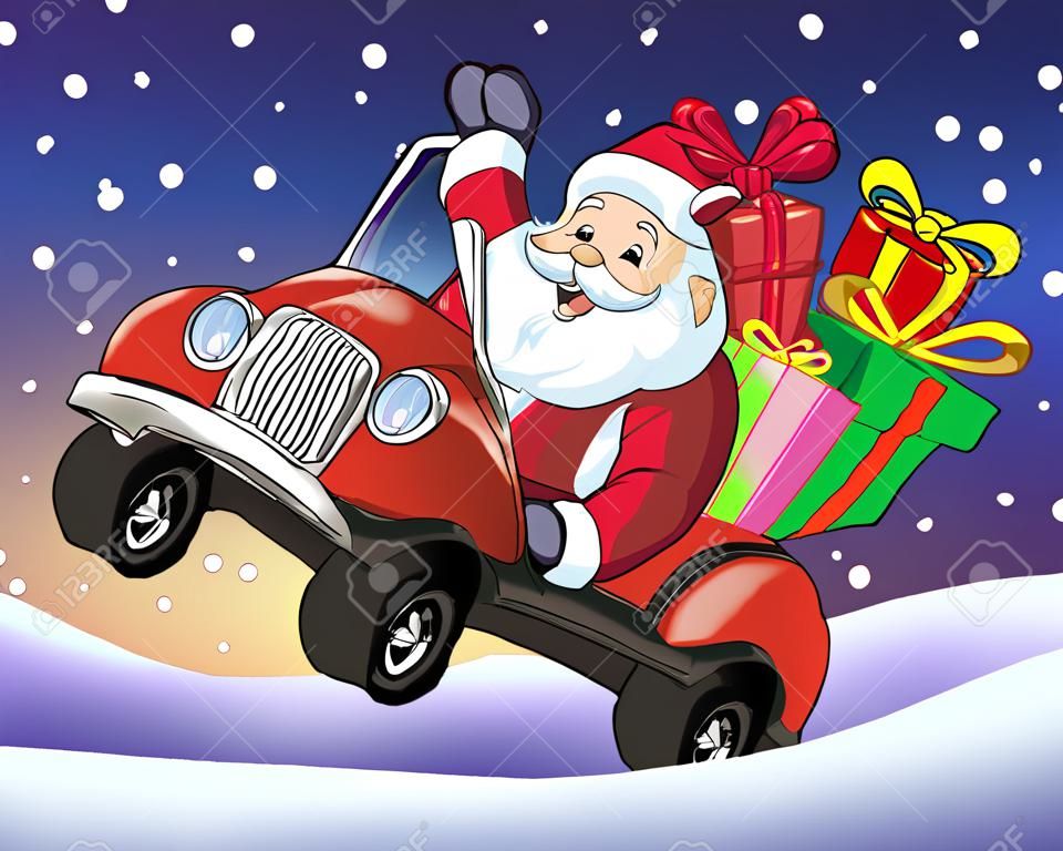 cartoon santa claus ride car with pile of christmas presents