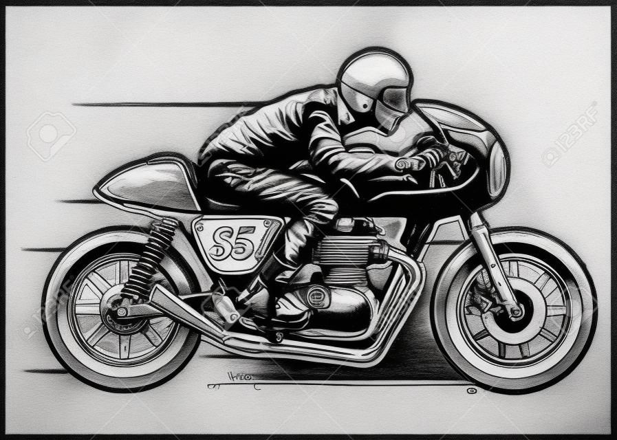 hand drawing of man riding cafe racer motorcycle
