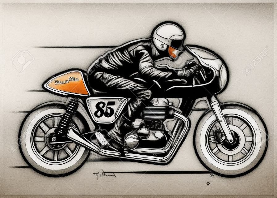 hand drawing of man riding cafe racer motorcycle