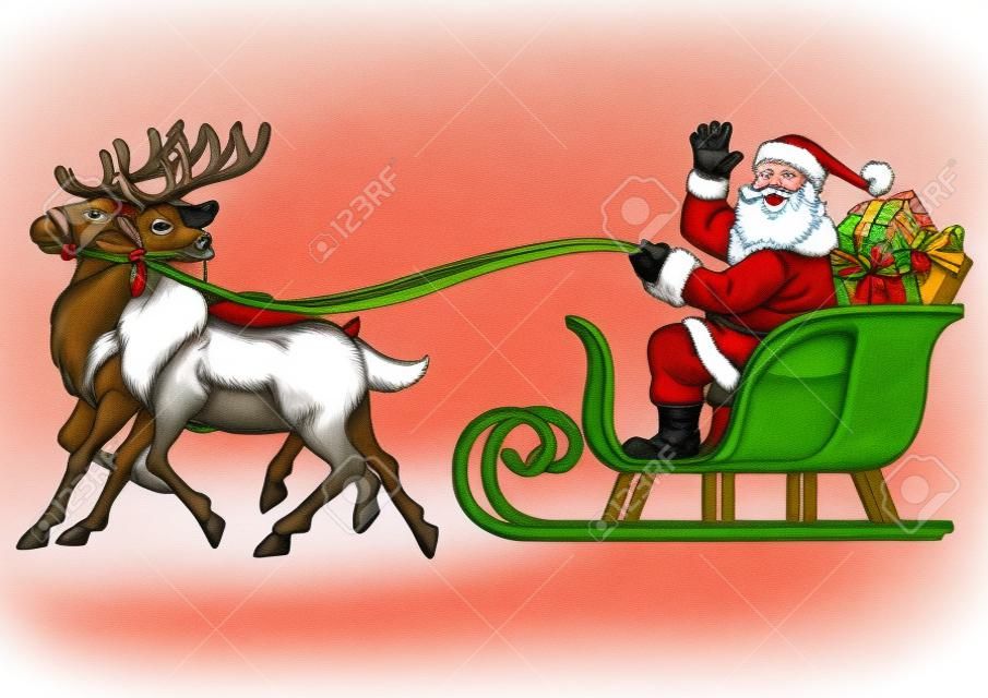 Karikatur des Weihnachtsmannes, der den Schlitten des Hirsches reitet