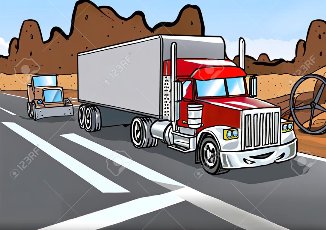 砂漠の道路で運転大きなトラックのトレーラーの漫画