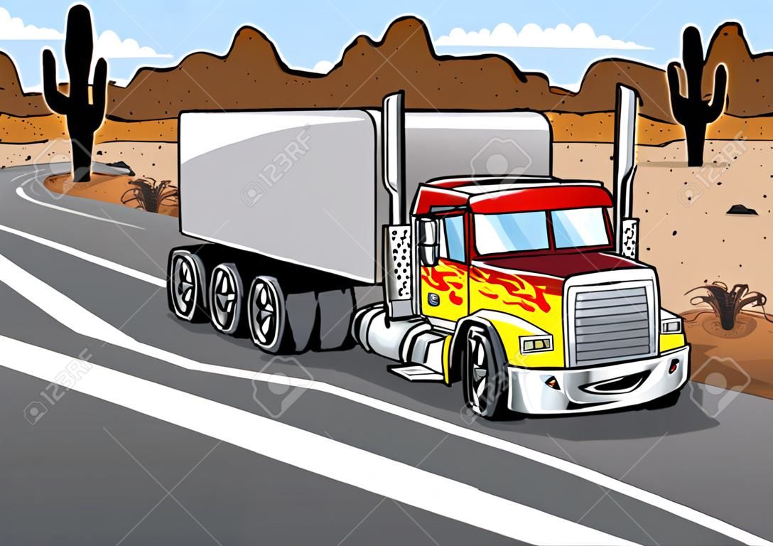 砂漠の道路で運転大きなトラックのトレーラーの漫画