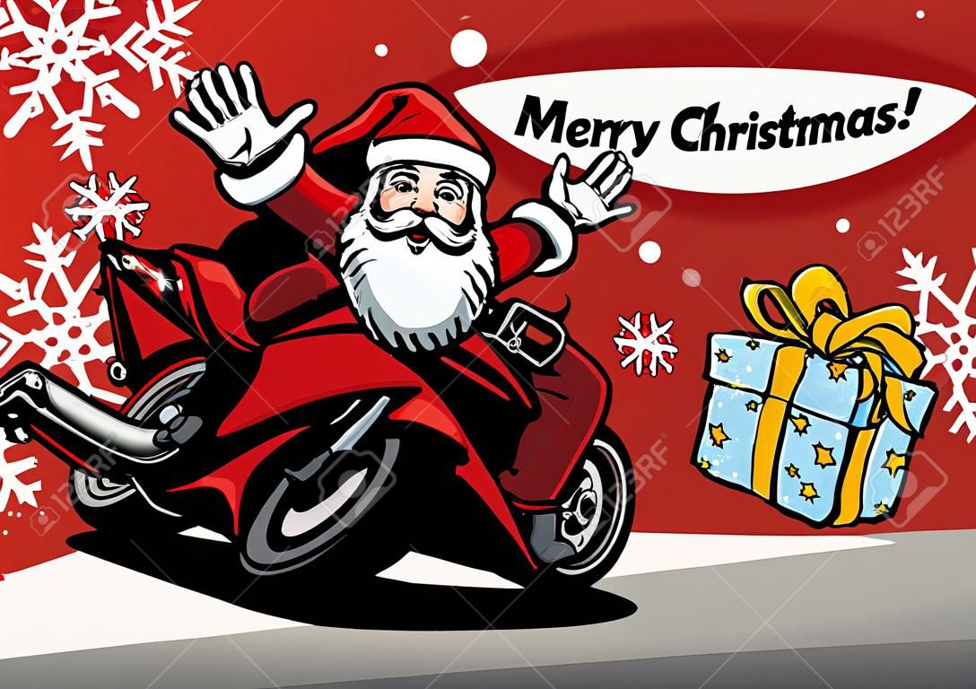 christmas greeting with santa claus riding motorcycle