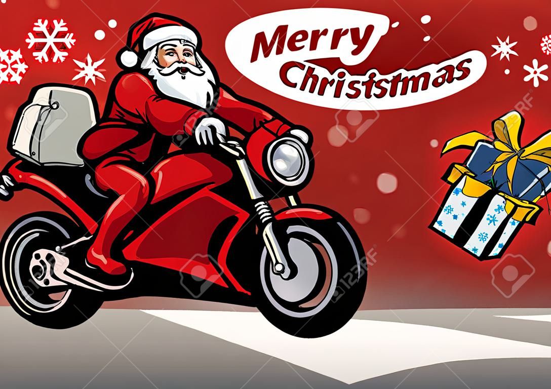 christmas greeting with santa claus riding motorcycle