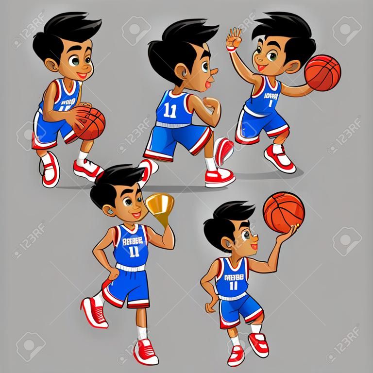 vector set of cartoon of little boy of basketball player
