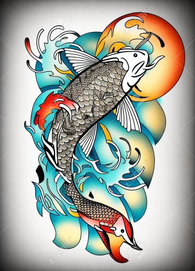 vector of vintage tattoo design of koi fish