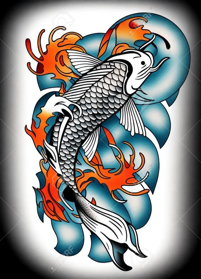 vector of vintage tattoo design of koi fish
