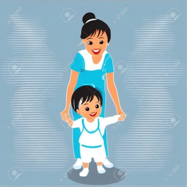 Vector illustration of little toddler first steps. Mother holding baby hand and helping him learn to walk. Early childhood development, family, happy mother's day concept. Cartoon character drawing.