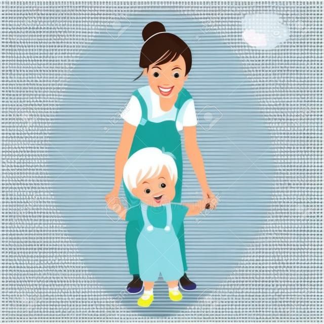 Vector illustration of little toddler first steps. Mother holding baby hand and helping him learn to walk. Early childhood development, family, happy mother's day concept. Cartoon character drawing.