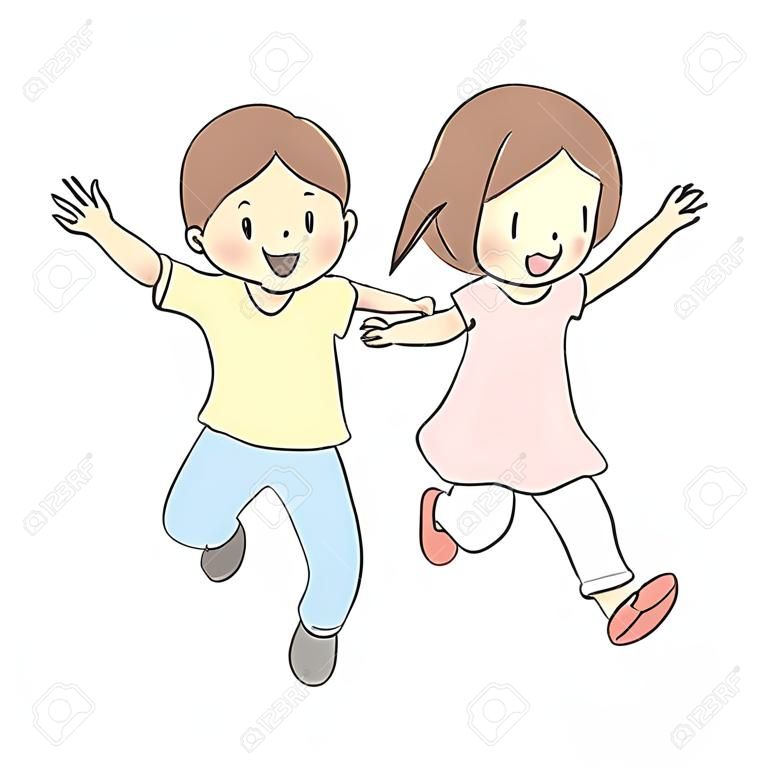 Vector illustration of two kids jumping together. Early childhood development, happy children day card, child playing, family, brother & sister, friends, friendship concept. Cartoon character drawing.