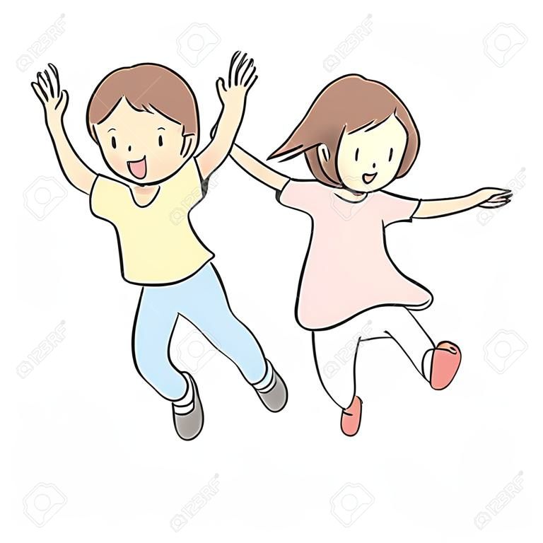 Vector illustration of two kids jumping together. Early childhood development, happy children day card, child playing, family, brother & sister, friends, friendship concept. Cartoon character drawing.