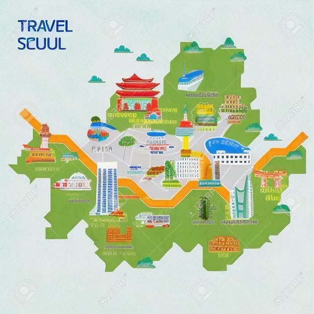 Városnézés, utazási térkép illusztráció - Szöul, Dél-Korea
