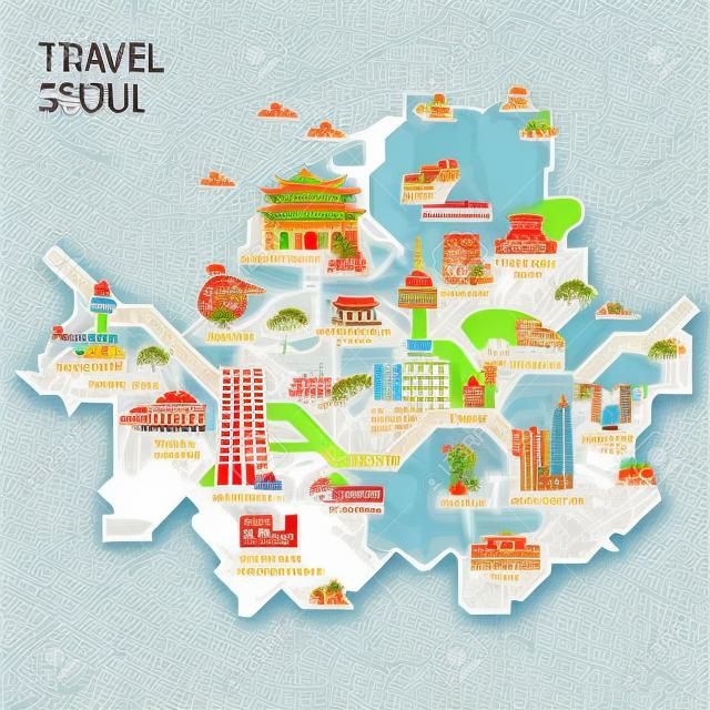 Stadtrundfahrt, Reisekarte Illustration - Seoul City, Südkorea