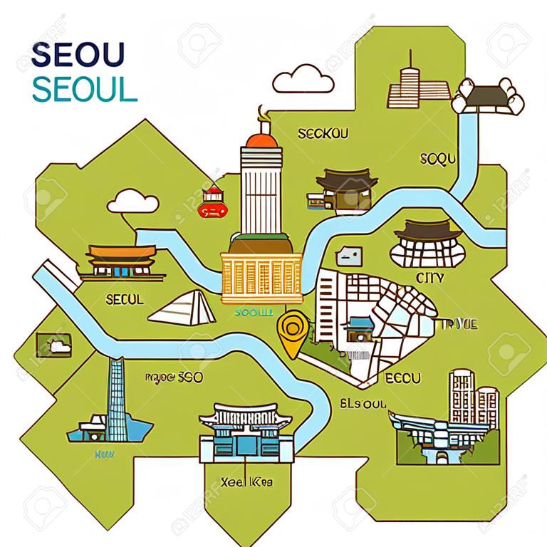 Városnézés, utazási térkép illusztráció - Szöul, Dél-Korea