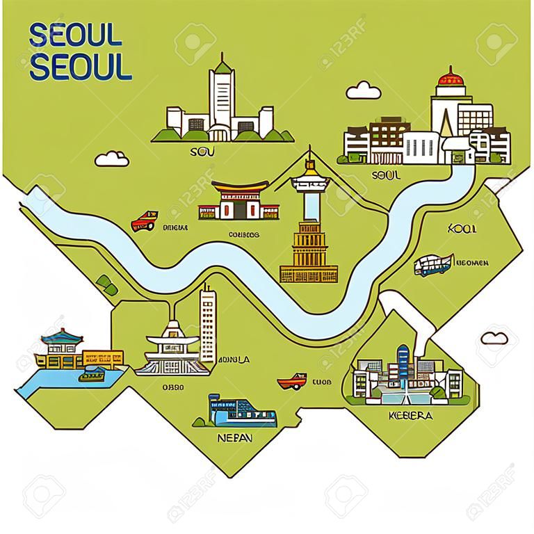 Şehir turu, seyahat haritası illüstrasyonu - Seul City, Güney Kore