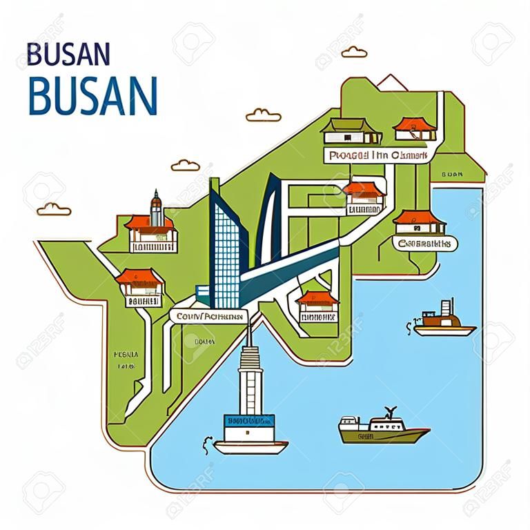 Giro della città, illustrazione della mappa di viaggio - Busan, città di Pusan, Corea del Sud